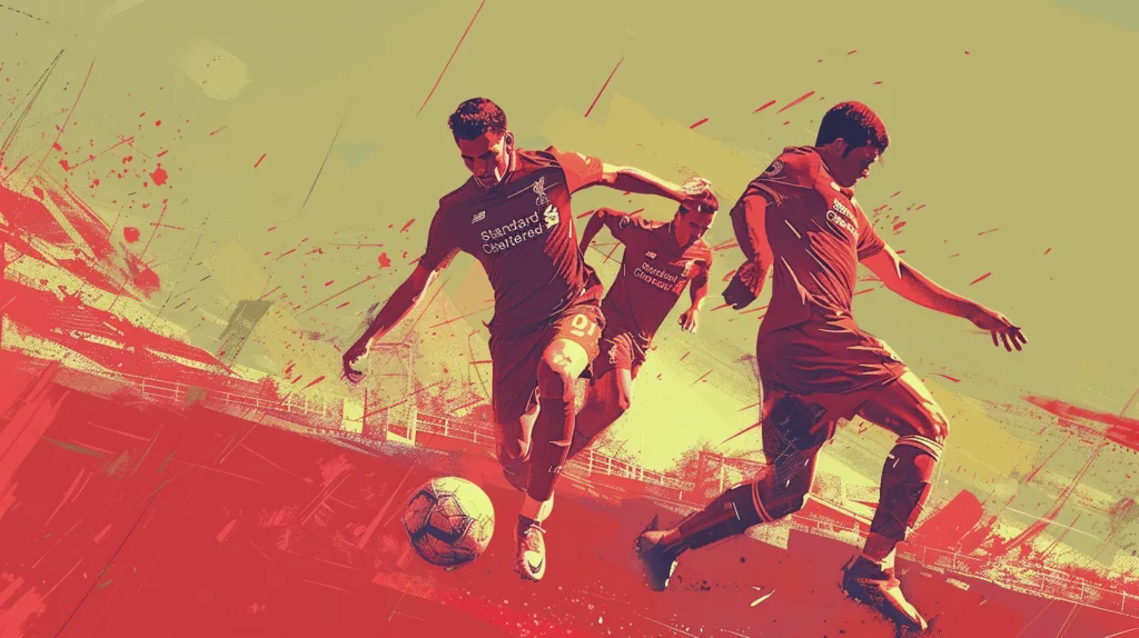 Football players in dynamic match action, vibrant artwork.