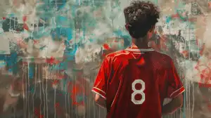 No8 red jersey facing graffiti wall.