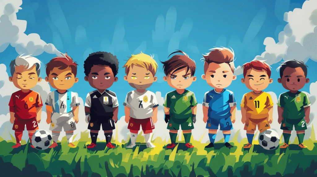 Illustrated diverse children in football kits on grass field.