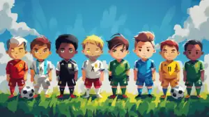 Illustrated diverse children in football kits on grass field.