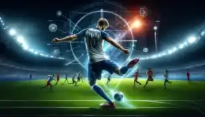 Football player striking ball with futuristic graphics.